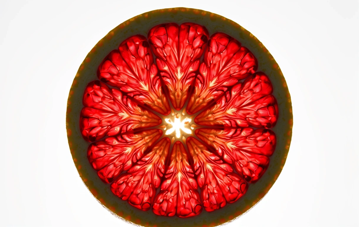 Nahaufnahme einer Blutorange mit Fokus auf die Zellstruktur